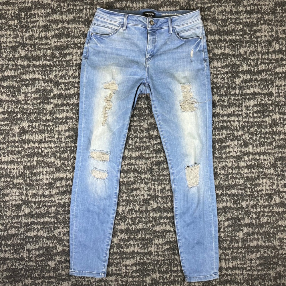 Bebe Heartbreaker Skinny Jeans Womens 29 Light Blue Distressed Ripped Denim
